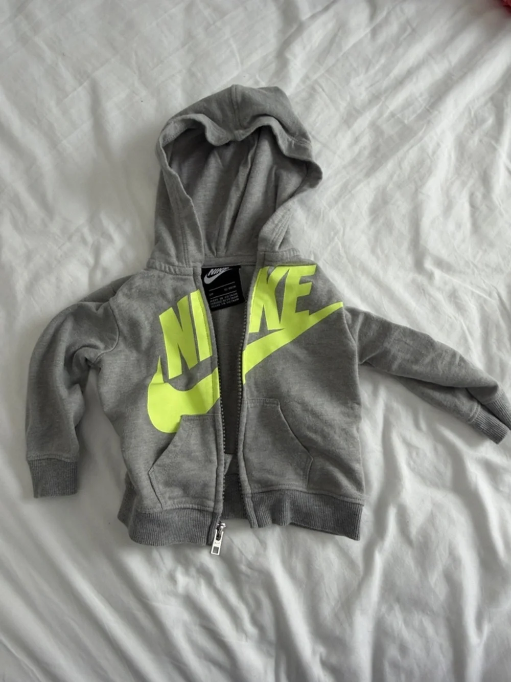 Nike Kids Grey Zip Hoodie with Neon Yellow Logo